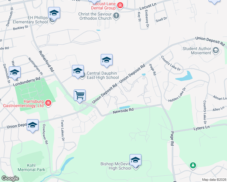 map of restaurants, bars, coffee shops, grocery stores, and more near 5445 Pond Road in Harrisburg