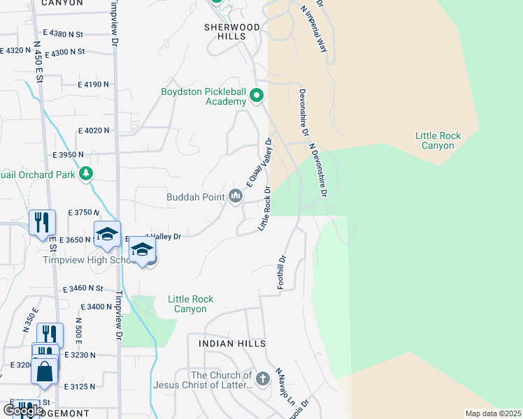 map of restaurants, bars, coffee shops, grocery stores, and more near 3818 Littlerock Court in Provo