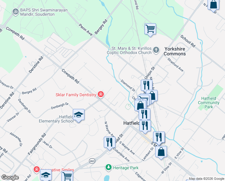 map of restaurants, bars, coffee shops, grocery stores, and more near 2610 Diamond Street in Hatfield
