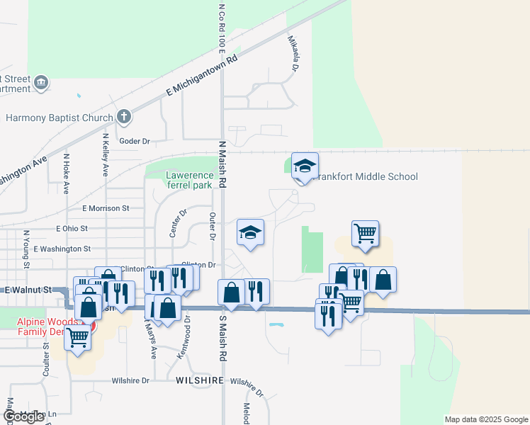 map of restaurants, bars, coffee shops, grocery stores, and more near 329 North Maish Road in Frankfort