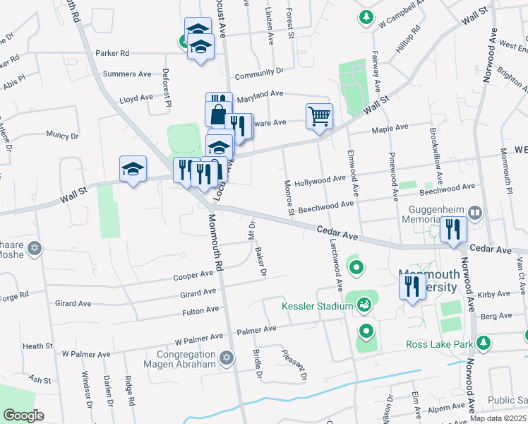 map of restaurants, bars, coffee shops, grocery stores, and more near 561 Cedar Avenue in West Long Branch