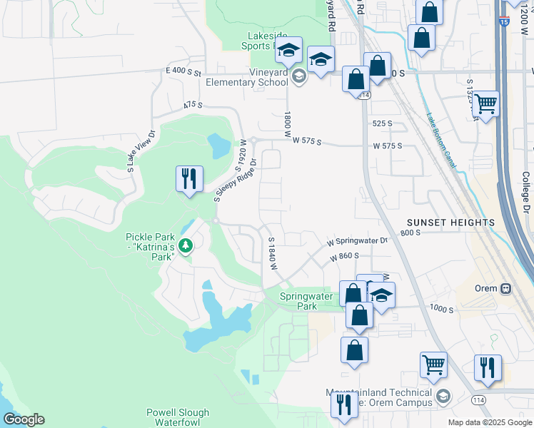 map of restaurants, bars, coffee shops, grocery stores, and more near 1833 West 761 South in Orem