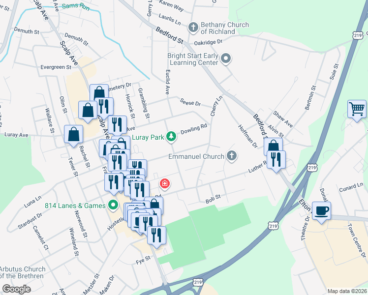 map of restaurants, bars, coffee shops, grocery stores, and more near 210 Dowling Road in Johnstown