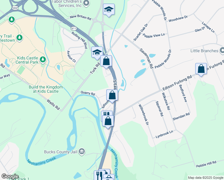 map of restaurants, bars, coffee shops, grocery stores, and more near 1836 South Easton Road in Doylestown