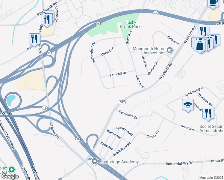map of restaurants, bars, coffee shops, grocery stores, and more near 8 Wesley Court in Eatontown
