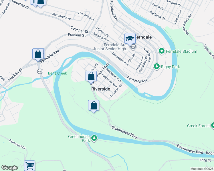 map of restaurants, bars, coffee shops, grocery stores, and more near 509 Riverside Avenue in Johnstown