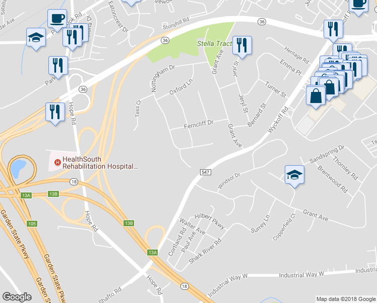map of restaurants, bars, coffee shops, grocery stores, and more near 8 Wesley Court in Eatontown