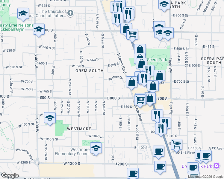map of restaurants, bars, coffee shops, grocery stores, and more near 754 50 East in Orem