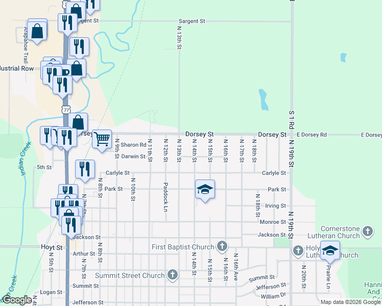 map of restaurants, bars, coffee shops, grocery stores, and more near 1711 North 14th Street in Beatrice