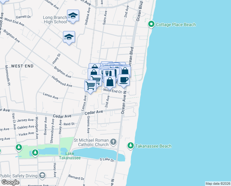 map of restaurants, bars, coffee shops, grocery stores, and more near 10 West End Court in Long Branch
