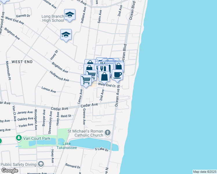 map of restaurants, bars, coffee shops, grocery stores, and more near 10 West End Court in Long Branch
