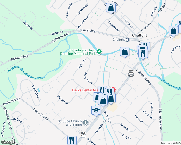 map of restaurants, bars, coffee shops, grocery stores, and more near 44 Deerpath Road in Chalfont