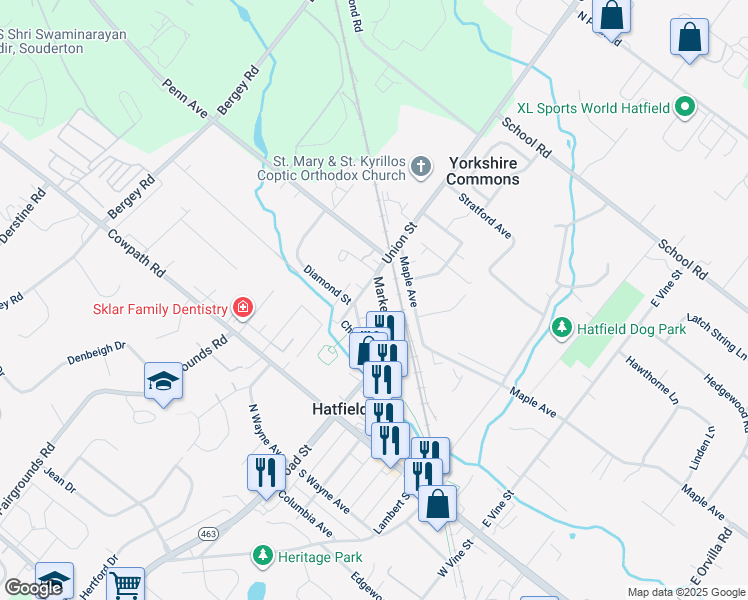 map of restaurants, bars, coffee shops, grocery stores, and more near 163 Union Street in Hatfield