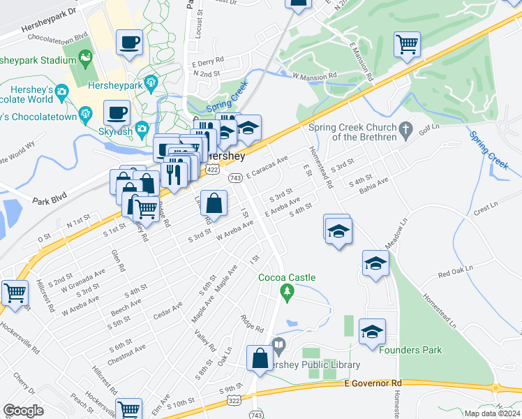map of restaurants, bars, coffee shops, grocery stores, and more near 129 Cocoa Avenue in Hershey
