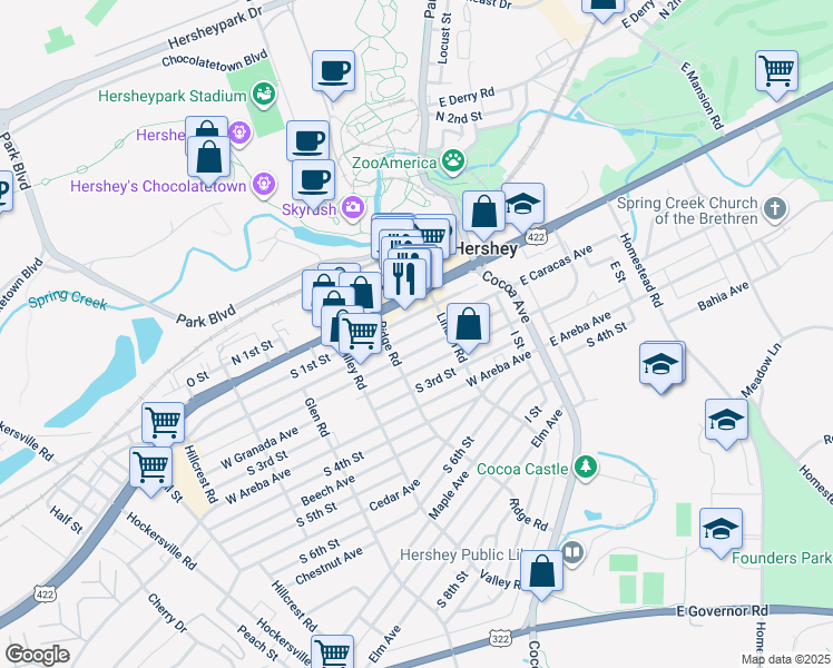 map of restaurants, bars, coffee shops, grocery stores, and more near 114 West Chocolate Avenue in Hershey