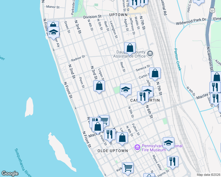 map of restaurants, bars, coffee shops, grocery stores, and more near 2335 North 4th Street in Harrisburg