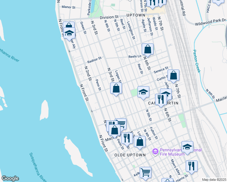 map of restaurants, bars, coffee shops, grocery stores, and more near in Harrisburg