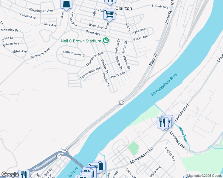 map of restaurants, bars, coffee shops, grocery stores, and more near 909 Vankirk Street in Clairton