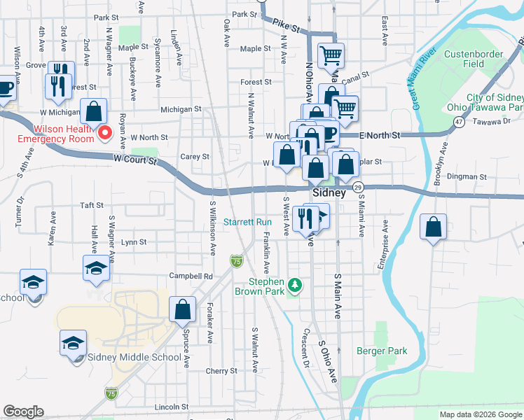 map of restaurants, bars, coffee shops, grocery stores, and more near 210 Franklin Avenue in Sidney