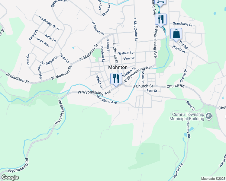 map of restaurants, bars, coffee shops, grocery stores, and more near 44 West Wyomissing Avenue in Mohnton