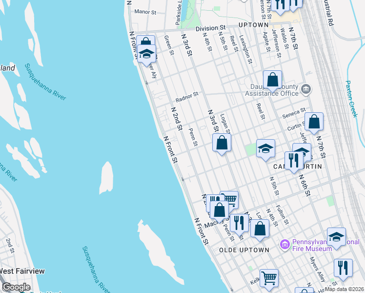 map of restaurants, bars, coffee shops, grocery stores, and more near 2415 North Front Street in Harrisburg