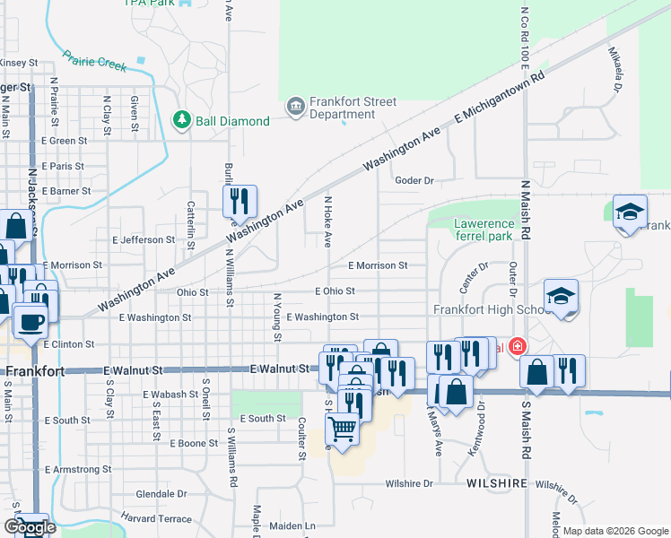 map of restaurants, bars, coffee shops, grocery stores, and more near 1412 East Morrison Street in Frankfort