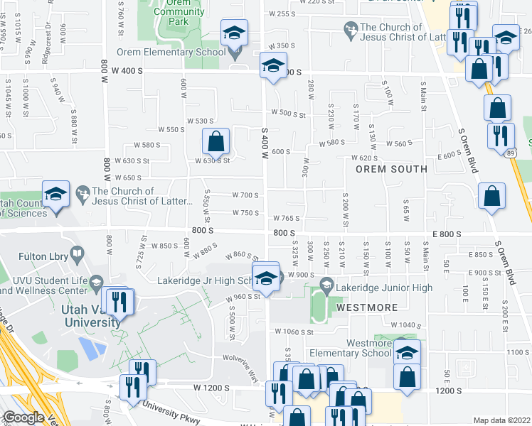 map of restaurants, bars, coffee shops, grocery stores, and more near 266 West 750 South in Orem