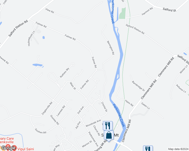 map of restaurants, bars, coffee shops, grocery stores, and more near 204 Riverside Avenue in Perkiomenville