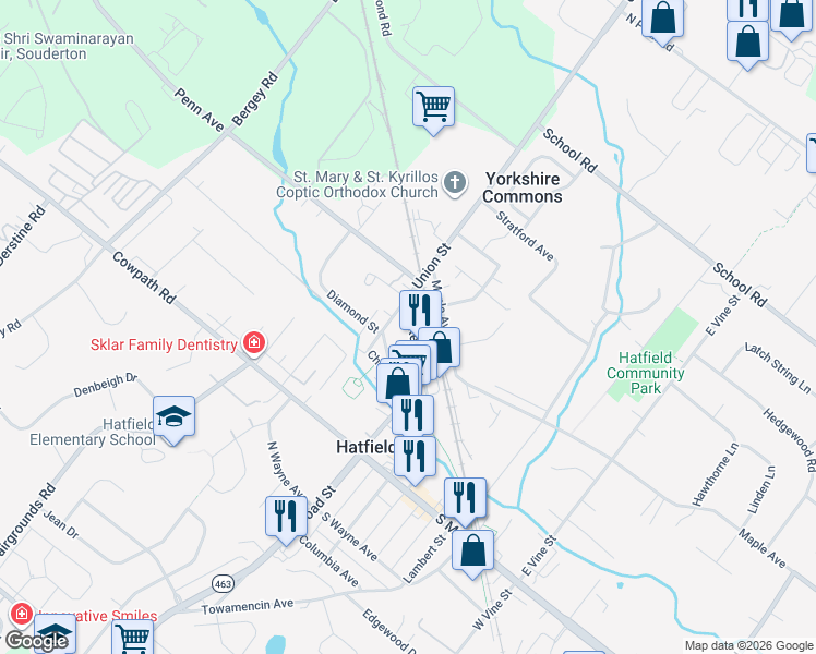 map of restaurants, bars, coffee shops, grocery stores, and more near 75 North Market Street in Hatfield