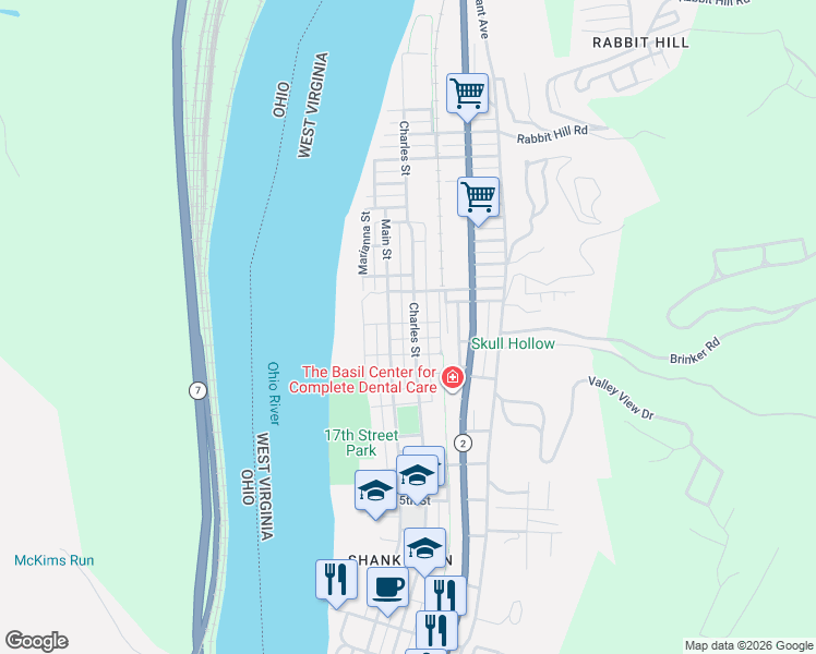 map of restaurants, bars, coffee shops, grocery stores, and more near 2110 Charles Street in Wellsburg