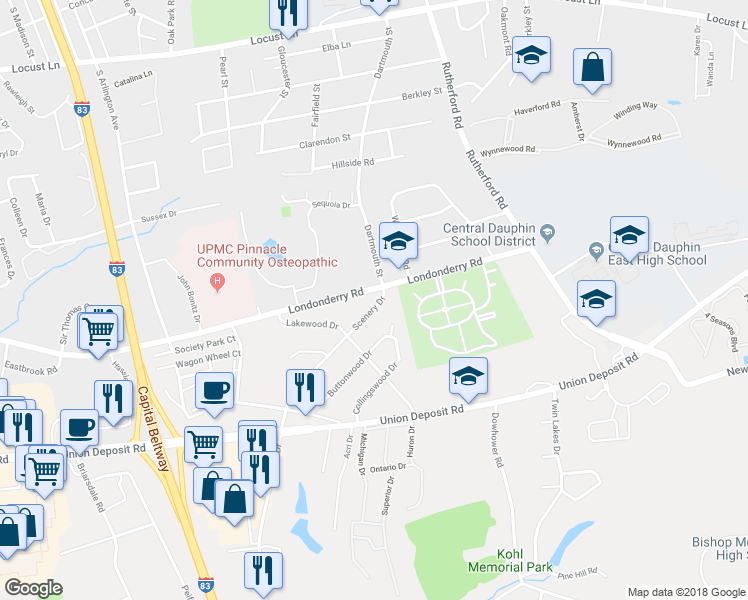 map of restaurants, bars, coffee shops, grocery stores, and more near 902 Scenery Drive in Harrisburg