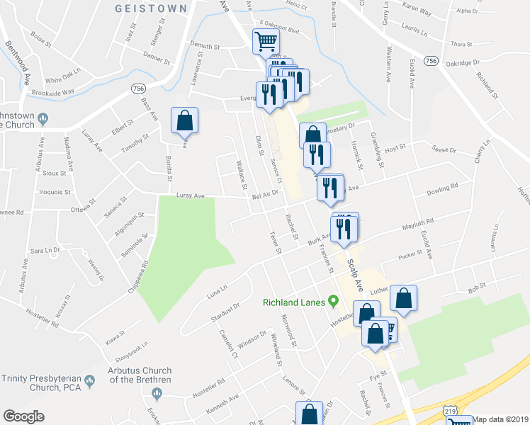 map of restaurants, bars, coffee shops, grocery stores, and more near 1000 Tener Street in Johnstown