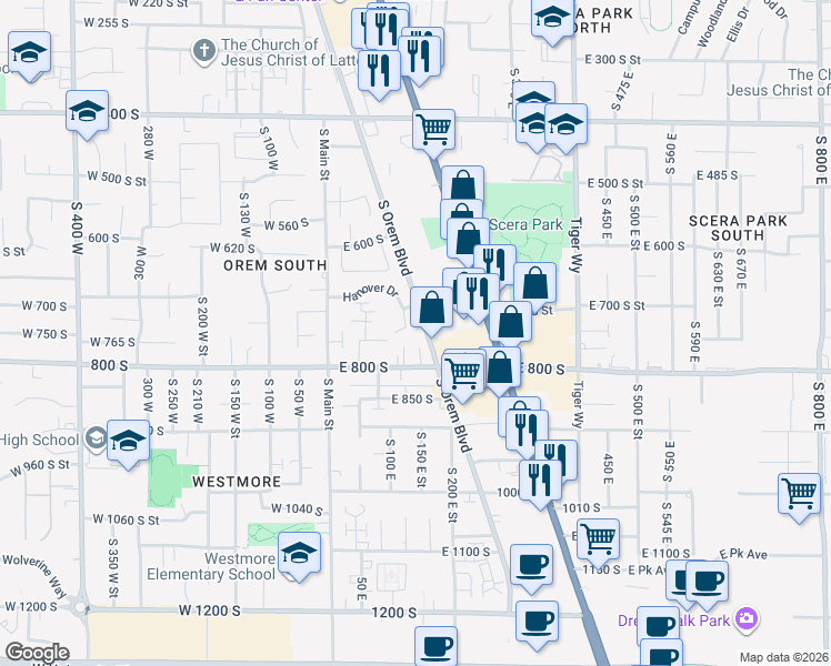 map of restaurants, bars, coffee shops, grocery stores, and more near 729 Hanover Drive in Orem