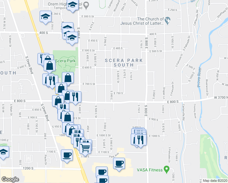 map of restaurants, bars, coffee shops, grocery stores, and more near 603 East 750 South in Orem