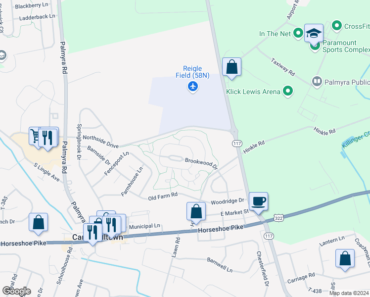 map of restaurants, bars, coffee shops, grocery stores, and more near 69 North Village Circle in Palmyra