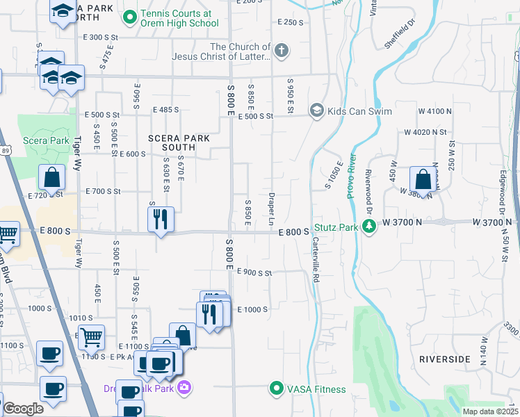 map of restaurants, bars, coffee shops, grocery stores, and more near 756 South 900 East Street in Orem
