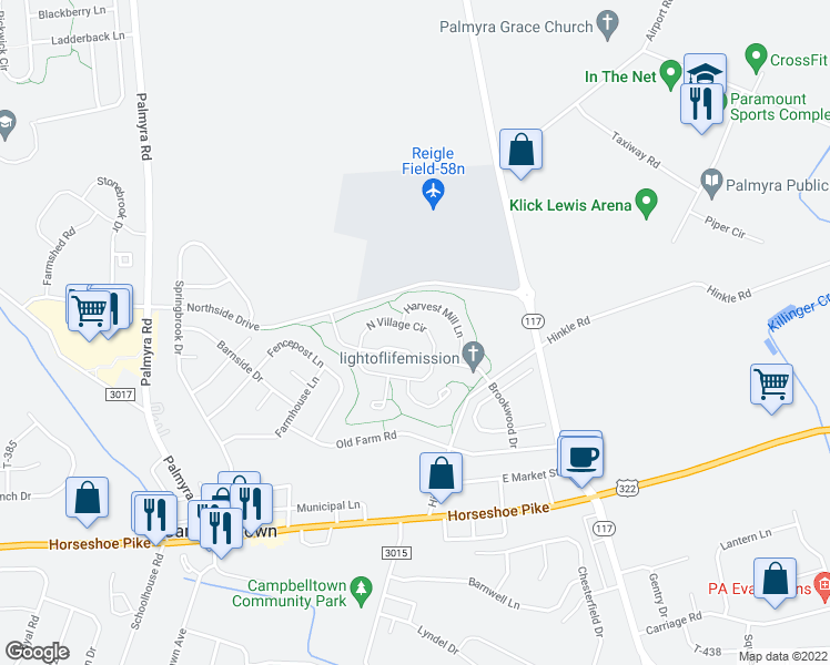map of restaurants, bars, coffee shops, grocery stores, and more near 73 North Village Circle in Palmyra