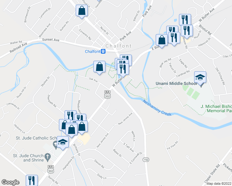 map of restaurants, bars, coffee shops, grocery stores, and more near 18 South Limekiln Pike in Chalfont