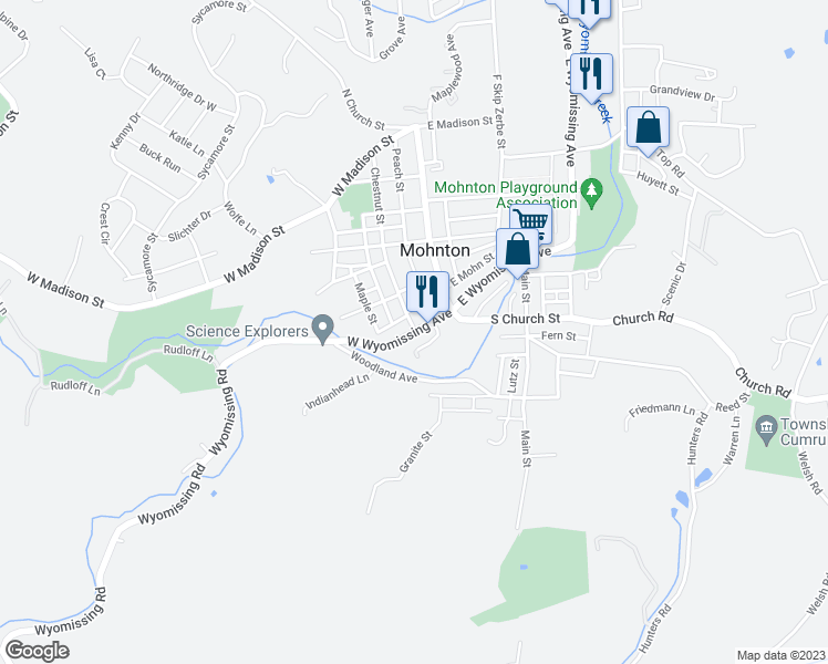 map of restaurants, bars, coffee shops, grocery stores, and more near 46 West Wyomissing Avenue in Mohnton