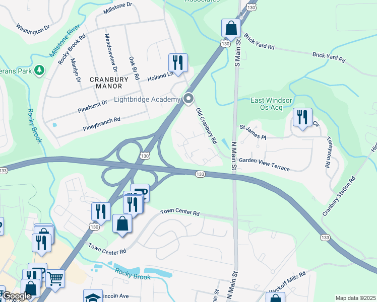 map of restaurants, bars, coffee shops, grocery stores, and more near 9 Montgomery Court in East Windsor