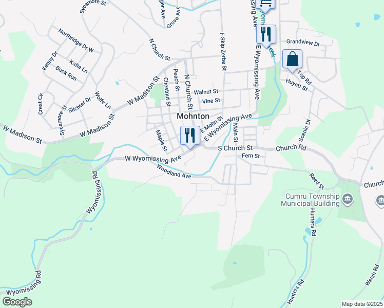 map of restaurants, bars, coffee shops, grocery stores, and more near 1 West Wyomissing Avenue in Mohnton