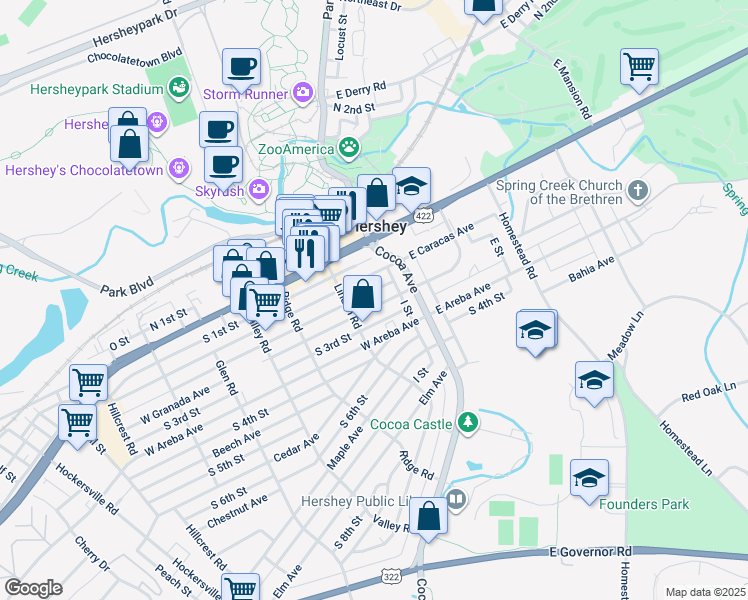map of restaurants, bars, coffee shops, grocery stores, and more near 30 West Caracas Avenue in Hershey