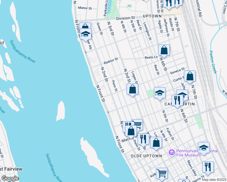 map of restaurants, bars, coffee shops, grocery stores, and more near 2419 Penn Street in Harrisburg
