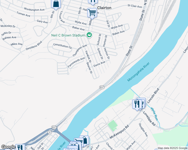map of restaurants, bars, coffee shops, grocery stores, and more near 909 Vankirk Street in Clairton