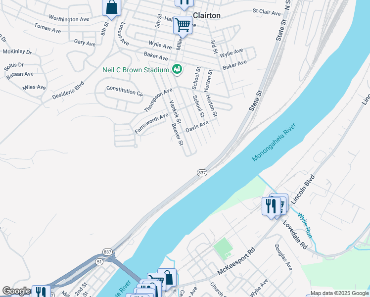 map of restaurants, bars, coffee shops, grocery stores, and more near 909 Vankirk Street in Clairton