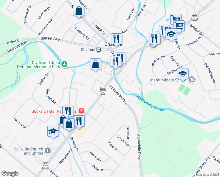 map of restaurants, bars, coffee shops, grocery stores, and more near 18 South Limekiln Pike in Chalfont