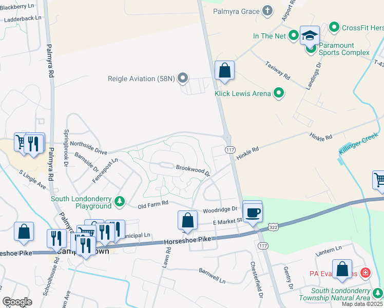 map of restaurants, bars, coffee shops, grocery stores, and more near 79 Harvest Mill Lane in Palmyra