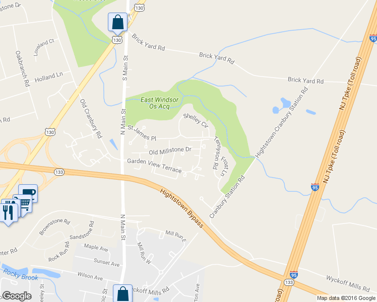 map of restaurants, bars, coffee shops, grocery stores, and more near 65 Old Millstone Drive in East Windsor