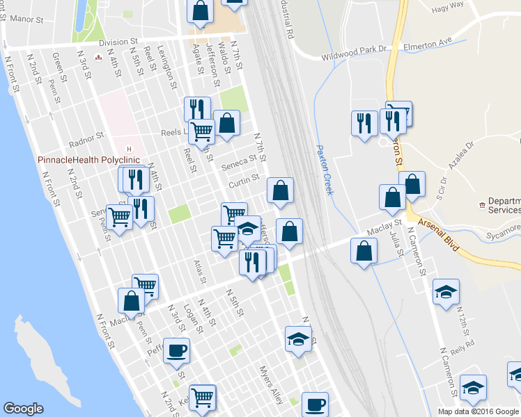 map of restaurants, bars, coffee shops, grocery stores, and more near 2237 Jefferson Street in Harrisburg