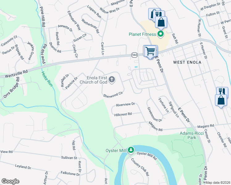 map of restaurants, bars, coffee shops, grocery stores, and more near 47 Sherwood Cir in Enola